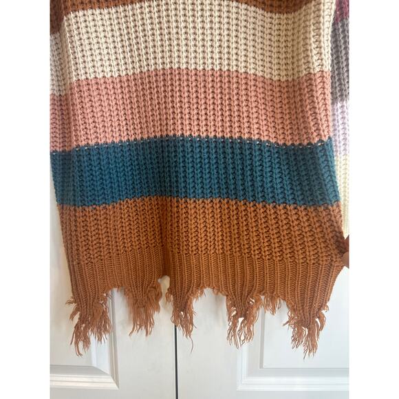 Miracle Multicolor Block Stripe Chunky Knit Fray Boho Sweater - Picture 4 of 7